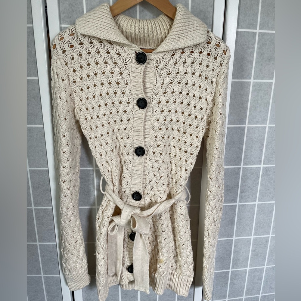 525 America 100% Cotton Cable Cardigan, Cream, Size Small.